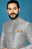 Grey Sherwani with Resham Thread Collar and Dhoti Style