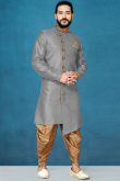 Black Dupion Silk Sherwani with Stone Collar & Dhoti