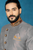 Black Dupion Silk Sherwani with Stone Collar & Dhoti