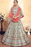 Pista Green Silk Brocade Lehenga with Peach Net Dupatta