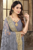 Grey Net Saree With Zari Work For Festival