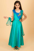 Bluish Green Embroidered Anarkali Suit With Golden Lace Dupatta