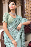 Half and Half Mint Blue Net Embroidered Saree