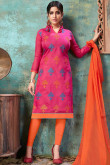 Hot Pink Chanderi Cotton Embroidered Churidar Suit