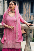 Hot Pink Georgette Embroidered Straight Cut Sharara Suit