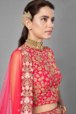 Coral Red Net Embroidered Lehenga