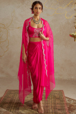 Hot Pink Satin Dhoti Style Lehenga with Zari Work for Diwali Party