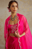 Hot Pink Satin Dhoti Style Lehenga with Zari Work for Diwali Party