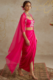 Hot Pink Satin Dhoti Style Lehenga with Zari Work for Diwali Party