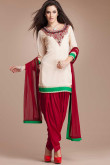 Off White & Red Embroidered Neck Patiala Suit