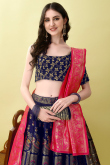Indigo Blue Woven Zari Art Silk Panelled Style Lehenga