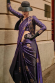 Jacket Style Dark Purple Satin Saree With Weaved Thread 