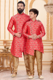 Jacquard Carrot Red Father-Son Duo Sherwani With Churidar