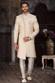 Jacquard Cream Beige Weaved Thread Asymmetrical Sherwani for Men