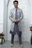 Jacquard Dark Grey Weaved Jacket Style Men's Sherwani