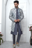 Jacquard Dark Grey Weaved Jacket Style Men's Sherwani