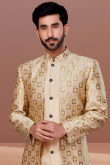 Jacquard Dupion Silk Light Beige Men Sherwani