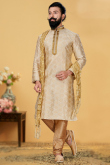 Jacquard Light Beige Men Churidar Kurta 