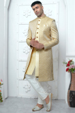 Jacquard Light Beige Weaved Jacket Style Men's Sherwani