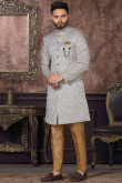 Light Grey Jacquard Traditional Men Sherwani with Zari Work