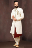 Jacquard Ivory Men Asymmetric Sherwani