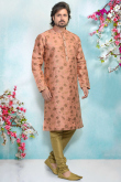 Jacquard Readymade Peach Kurta With Churidar for Wedding & Party