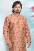 Jacquard Readymade Peach Kurta With Churidar for Wedding & Party
