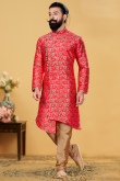 Jacquard Red Men Sherwani With Churidar