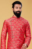 Jacquard Red Men Sherwani With Churidar