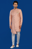 Jacquard Salmon Peach Weaved Thread Assymetrical Men's Sherwani