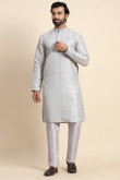 Jacquard Weaved Thread Light Grey Straight Cut Men's Kurta Pajama 