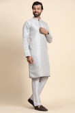 Jacquard Weaved Thread Light Grey Straight Cut Men's Kurta Pajama 