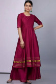 Maroon Silk Embroidered Palazzo Pant Suit for Eid