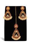 Dark Maroon Stone Earrings With Maang Tikka