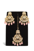 Light Pink Kundan Work Earrings With Maang Tikka