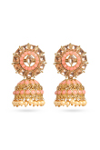 Salmon Pink Stone Work Gold Plated Jhumkas