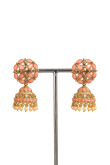 Salmon Pink Stone Studded Gold Plated Jhumkas