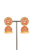 Gold Plated Salmon Pink Jhumkas With Stone Work 
