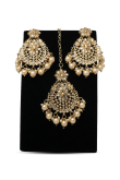 Pearl and Golden Beaded Kundan Maang Tikka & Earring Set