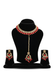 Peach Stone & Cherry Red Beads Kundan Choker Necklace Set