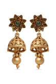 Gold Plated Jhumka Earrings With Green Stone