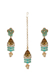 Drop Style Earring & Maangtika Set with Seafoam Green Stones