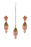 Peach Pink Stone Studded Drop Earrings With Maangtika