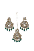 Emerald Beads Tikka & Earrings with Kundan Design