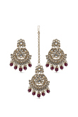 Maroon Beaded Kundan Maang Tikka & Earring Set