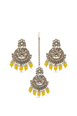 Yellow Beaded Kundan Maang Tikka & Earring Set