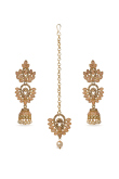 Cream Beaded Peach Stone Studded Drop Earrings With Maangtika