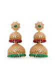 White Stone Studded Jhumkas With Green And Maroon Beads
