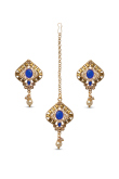Blue Gemstone & Pearl Gold-Plated Drop Earrings with Mang Tikka