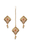 Peach Stone Studded Pearl Drop Earrings With Maangtika